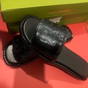 Tory Burch Double T Sport Slide Black Patent Leather Women Sandals Sz 5